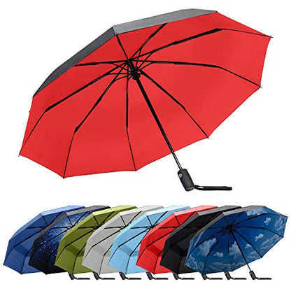 RainPlus Windproof Travel Umbrella - Compact, Automatic, Folding and Portable - Umbrellas For Rain for Men and Women - Car, Backpack, Purse, Strong & Wind Resistant - color: Black/Red
