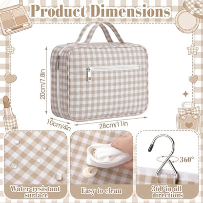 Klyyo Hanging Toiletry Bag for Women, Gingham, Brown - color: Brown