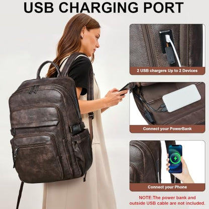 Leather Laptop Backpack for Women Fits 17" Laptop, with RFID Wristlet Purse - color: Coffee