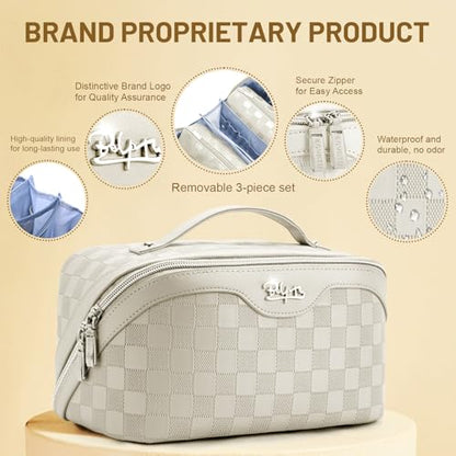 BOYATU Travel Makeup Bag Organizer: 180°Open-Flat 3 Pcs Make up Bags Set - color: 01-E-Beige