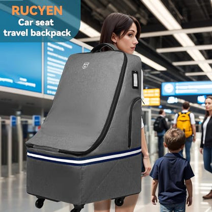 RUCYEN Rolling Car Seat Travel Bag, Padded Carseat Travel Backpack for Airplane,Large Durable Travel Bag with 4 Wheels,Adjustable Shoulder Strap and Waterproof Base Dark Grey - color: Grey