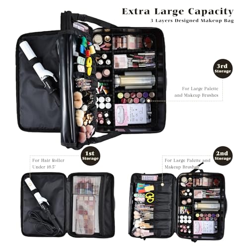 Costravio Makeup Bag Organizer Large Makeup Case Backpack Professional 2 Layers Cosmetic Storage Organizer Brush Slot with 3 Clear Set Bags for Makeup Artists with Shoulder Strap Adjustable Dividers