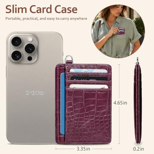 Coco Rossi Crocodile Wallet Women Slim Credit Card Holder with Keychain | Luxury Wallets, Alligator Print, RFID Blocking, ID Case, Small Minimalist, Womens Girls Gift, Plum Croc - color: A Plum Croc