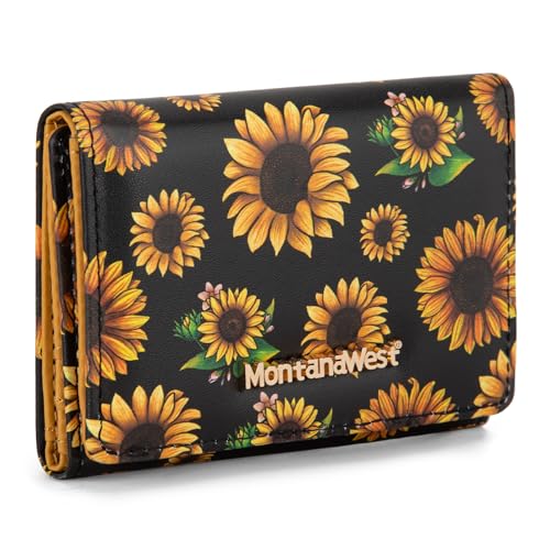 Montana West Small Wallets Woman RFID Blocking Wallet Trifold Pocket Wallet with ID Window - color: Z Black Sunflower