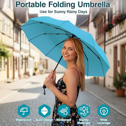 ZOMAKE Travel Umbrella Compact - 10 Ribs Portable Collapsible Umbrellas for Rain Windproof - Paraguas Automatic Small Folding Umbrella Lightweight Packable Umbrella for Women Men - color: Light blue