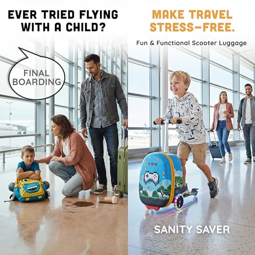 Kids Ride-On Scooter Luggage, Carry-On Suitcase, Ages 4+ - style: Gamer