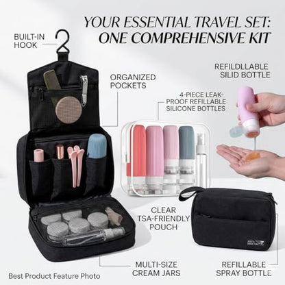 Travel Toiletry Bag for Men & Women Waterproof Hanging Organizer with Multiple Compartments Large Toiletry Bag with Refillable Travel Bottles Makeup Bag for Travel & Bathroom Essentials
