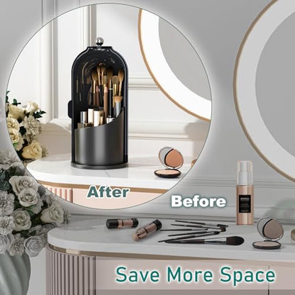GAXmi Makeup Brush Holder with Lid Rotating Cosmetic Organizer, Dark Black - color: Dark Black
