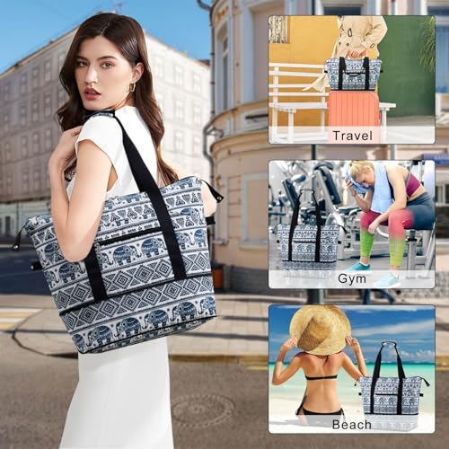 Expandable Duffel Bag for Women with Trolley Sleeve/Wet Pocket Weekender Travel Tote Large Carry On Overnight Luggage - color: Elephant