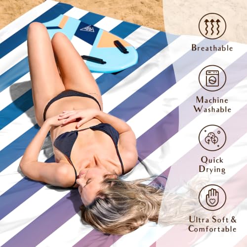 AlphaBeing Beach Blanket Waterproof Sandproof, Extra Large Beach Mat - color: Navy Stripes, size: 79“×83”