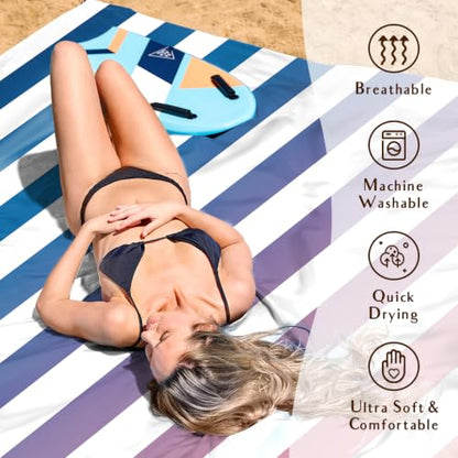 AlphaBeing Beach Blanket Waterproof Sandproof, Extra Large Beach Mat - color: Navy Stripes, size: 79“×83”