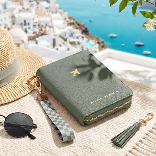 Beautiful Passport Holder And Travel Wallet with Wristlet Strap - color: Sage