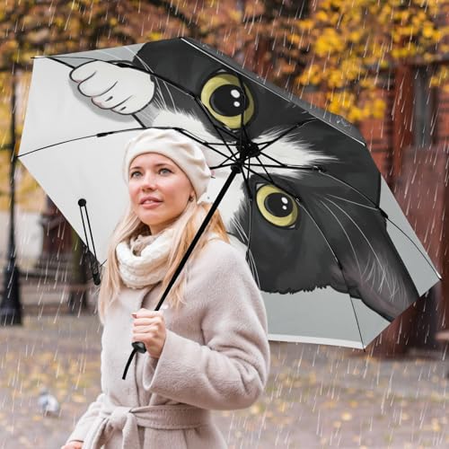 JIPONI Windproof Travel Umbrellas 01 - Large Compact Umbrella for Rain & Sun, Automatic Anti-UV Protection and Light Folding for Backpack & Car - color: Cat