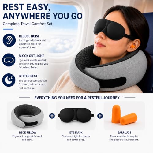 2 Pack Travel Neck Pillow Set, Pure Memory Foam Neck Pillow with Eye Mask Earplugs Storage Bag, Breathable 360 Degree Ergonomic Support, Compact Portable Plane Train Travel Essentials