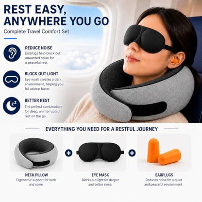 2 Pack Travel Neck Pillow Set, Pure Memory Foam Neck Pillow with Eye Mask Earplugs Storage Bag, Breathable 360 Degree Ergonomic Support, Compact Portable Plane Train Travel Essentials