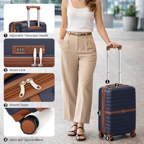Kono Expandable Carry On Luggage 22x14x9 Airline Approved with Spinner Wheels, 20 Inch Durable PC+ABS Hardshell Travel Suitcase Rolling Luggage with Lock, Navy/Brown - color: Navy/Brown, size: Carry-on 20-inch