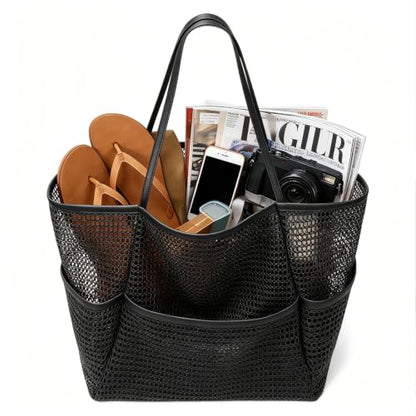 Large Beach Bags for Women, Mesh Beach Tote with Zipper, Foldable Pool Tote Bag Travel Beachbag Waterproof Sandproof - color: Black - More Pockets