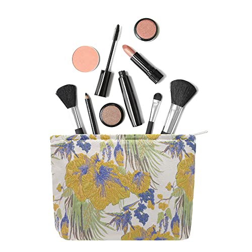 Flat Makeup Bag for Women,Zipper Cosmetic Pouch Purse,Brocade Flower Yellow - color: Brocade Flower Yellow