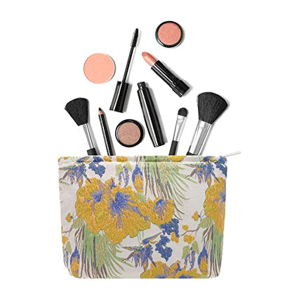 Flat Makeup Bag for Women,Zipper Cosmetic Pouch Purse,Brocade Flower Yellow - color: Brocade Flower Yellow