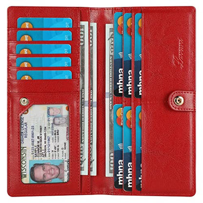 Lavemi Ultra Slim Thin Leather Women Wallet RFID Blocking Credit Card Holder Bifold Long Ladies Billfold - color: 1-waxed Red