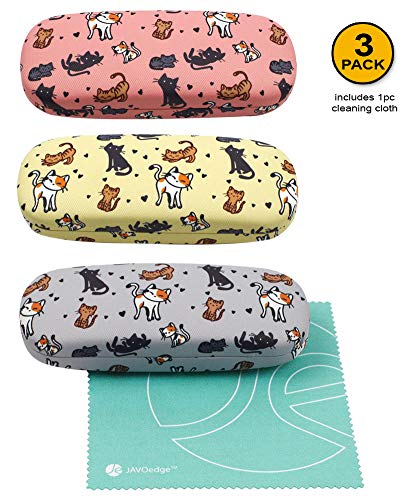 JAVOedge [4 PACK / 3 PACK], Printed Pattern Durable Hard Clamshell Eyeglass Case with Bonus Microfiber Cloth - color: Cats - Style a, size: 3 PACK