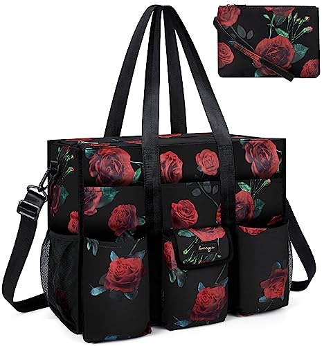 Utility Tote - Water Resistant with 19 Exterior/Interior Pockets - Large Women/Teacher/Work Bag - color: L-black