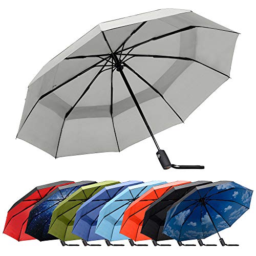 RainPlus Windproof Travel Umbrella - Compact, Automatic, Folding and Portable - Umbrellas For Rain for Men and Women - Car, Backpack, Purse, Strong & Wind Resistant - color: Gray