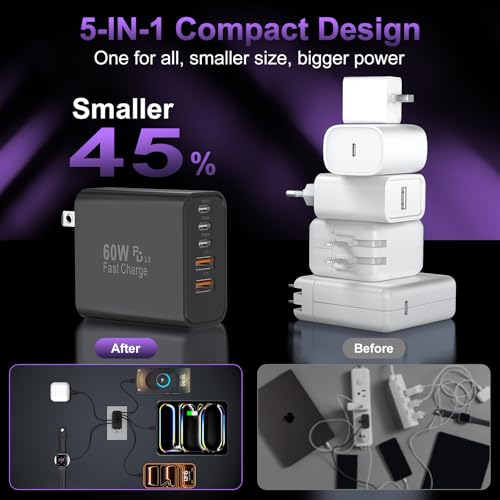 USB C 고속 벽 충전기 블록, 3팩 60W USBC 충전 큐브, 5포트 PD+QC 전원 어댑터 멀티포트 브릭 타입 C 박스 플러그 휴대폰 17/16/15/14/13/12/11/프로 맥스/플러스, 패드 미니/프로/S25/S24-블랙 - color: 블랙-3팩.