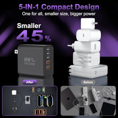 USB C 고속 벽 충전기 블록, 3팩 60W USBC 충전 큐브, 5포트 PD+QC 전원 어댑터 멀티포트 브릭 타입 C 박스 플러그 휴대폰 17/16/15/14/13/12/11/프로 맥스/플러스, 패드 미니/프로/S25/S24-블랙 - color: 블랙-3팩.