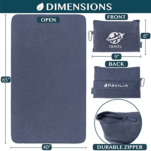 PAVILIA Travel Blanket Airplane Compact Pillow with Bag for Flights, Navy - color: Navy