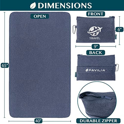 PAVILIA Travel Blanket Airplane Compact Pillow with Bag for Flights, Navy - color: Navy