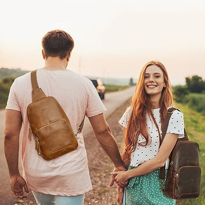 S-ZONE Sling Bag for Men Women RFID Blocking Genuine Leather Crossbody - color: Light Brown