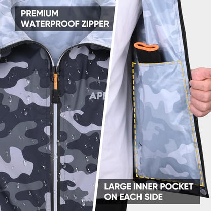 APEXUP Packable Rain Jacket Men Waterproof Lightweight Raincoat with Hood - color: Camo, size: Medium