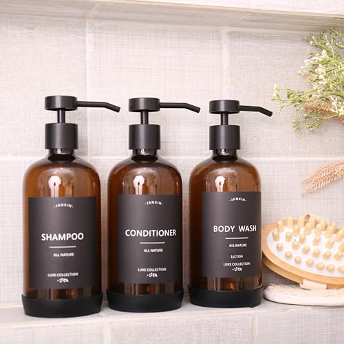 Shampoo and Conditioner Dispenser Set of 3 - color: Amber Bottles + Black Pumps