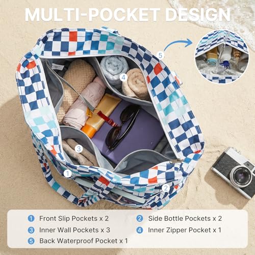 G4Free Large Beach Bag Waterproof Sandproof, Zipper Pool Tote for Women - color: Blue Red Checkered, size: 35L