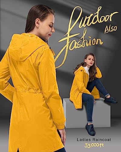 33,000ft Women's Waterproof Long Rain Coats Packable Rain Jacket with Hood - color: Amber Gold, size: Medium