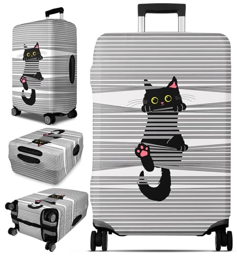 Slohif Luggage Cover for Suitcase Tsa Approved Protector - Grey Cute Cat Striped Luggage Sleeve Extra Large XL Suit Case Cover Travel Stretch Baggage Case Protective Washable Fit 31-32 Inch - color: Grey Cat, size: XL-(31-32)Inch
