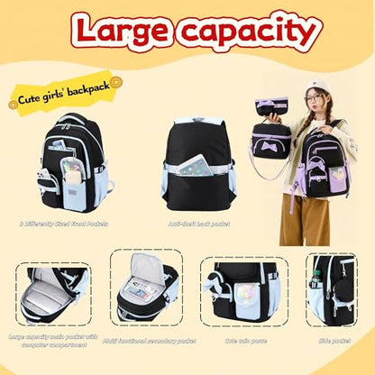 Bows Backpack for Girls 3PCS Backpack for Elementary Junior School Travel - color: 3pcs Black+blue