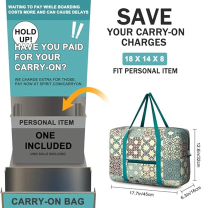 For Spirit Airlines Personal Item Bag 18x8x14 In Foldable Travel Duffel Bag Underseat Carry on Luggage Waterproof with Luggage Sleeve Lightweight Weekender Bags for Women, Green Boho - color: Boho08