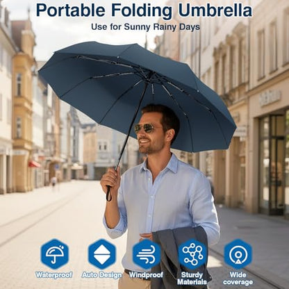 ZOMAKE Travel Umbrella Compact - 10 Ribs Portable Collapsible Umbrellas for Rain Windproof - Paraguas Automatic Small Folding Umbrella Lightweight Packable Umbrella for Women Men - color: Blue
