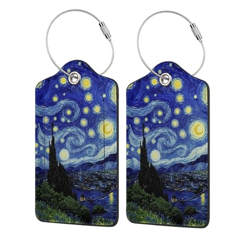 Luggage Tag for Suitcase TSA Cute Unique Leather Bag Tags Identifiers Privacy Cover ID Label with Durable Steel Loop for Women Men Kids Girls Travel - color: Van Gogh Starry Night
