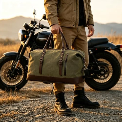 55L Canvas Duffle Bag for Men, Carry On Travel Weekender Overnight Bag - color: Green