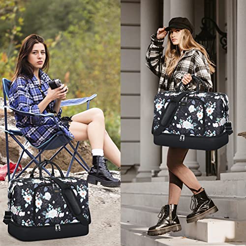 TIBES Travel Weekender Bag for Women, Overnight Bag with Shoe Compartment | 3PCS Large Travel Duffel Bag for Gym, Travel, Hospital, Business Trip, Carry On Tote, Wet & Dry Separation, Water Resistant - color: G-Black Flower 3pcs