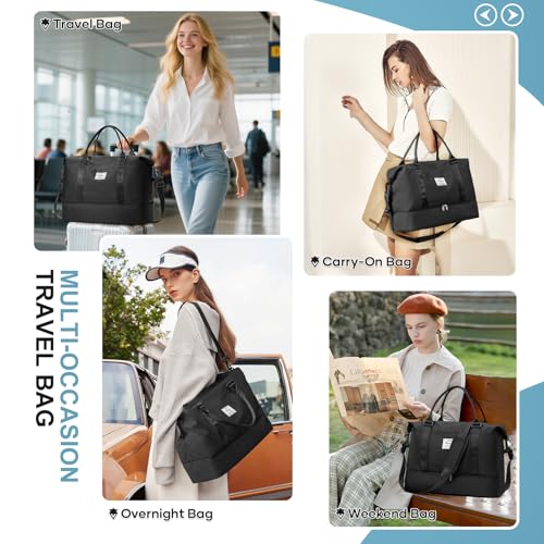 Weekender Bags for Women, Personal Item Travel Bag with Shoes Compartment - color: A-Black with Air Pump, size: Large