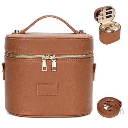 BAGOK Leather Vanity Case Makeup Bag with Removable Divider, Washable Compartments, Dual Zipper & Carry Handle – Travel Toiletry Organizer for Women - color: Brown