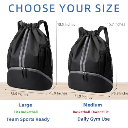 JELUTAR Drawstring Backpack Gym Bag with Shoes Compartment, Black - color: Black, size: Large