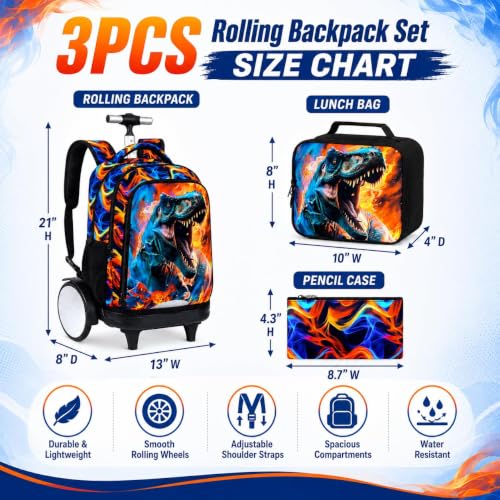 20 Inches Large Wheels Rolling Backpack for Boys with Detachable, 3Pcs Kids Fire Dinosaur Wheeled Backpack Set for Elementary School (Red) - color: Fire Dinosaur (Large Wheels)