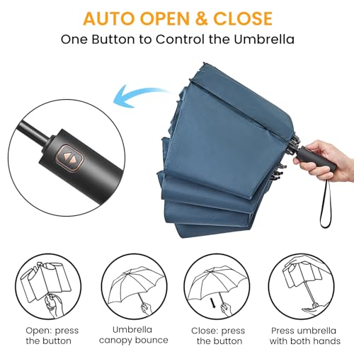 Prospo 46/62 Inch Large Travel Umbrellas for Rain Windproof, 10 Ribs Compact Reverse Folding Golf Umbrella, Double Canopy Automatic Open Close - color: Navy Blue, size: 62 inch