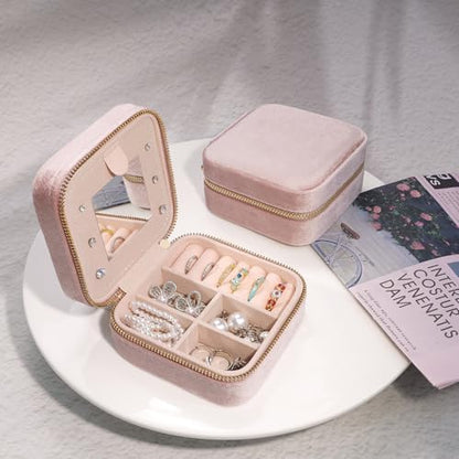 Plush Velvet Travel Jewelry Case Organizer - color: Pink