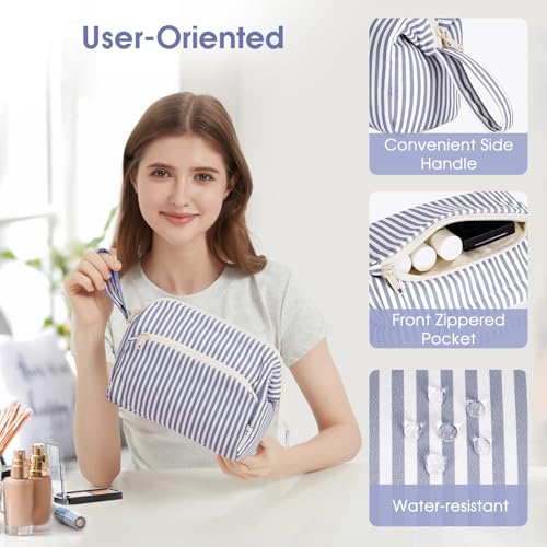 Narwey Travel Makeup Bag Toiletry Bag, Wide Open Cosmetic Bag for Women - color: D-Greyish Blue Stripe, size: Small